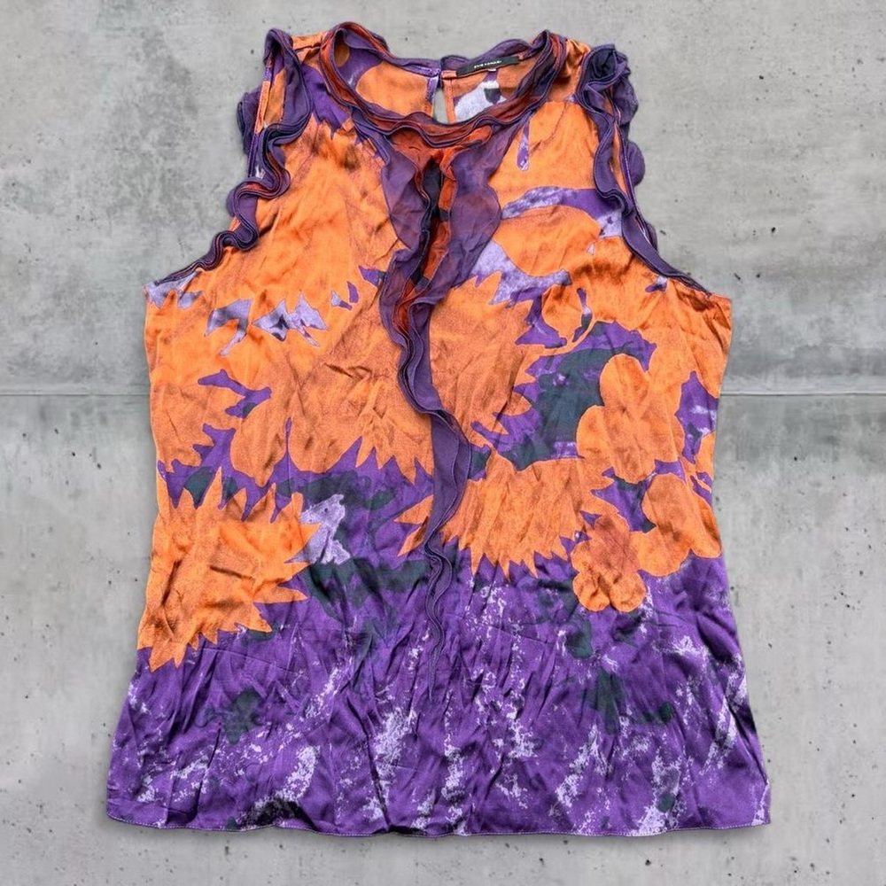 Y2K Elie Tahari Stretch Silk Printed Tank Top Ruffle Detail